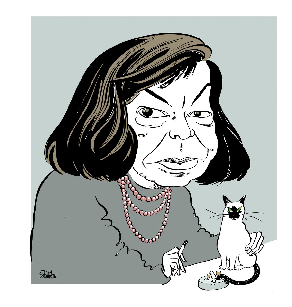 Patricia Highsmith - caricatura con su gato, fumando de John Minnion