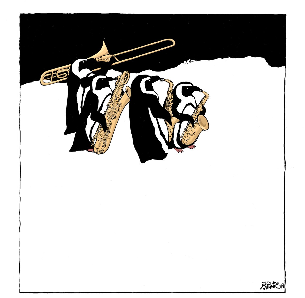Banda de pingüinos - caricatura de un grupo de pingüinos tocando instrumentos de viento - trombón y saxofones de John Minnion
