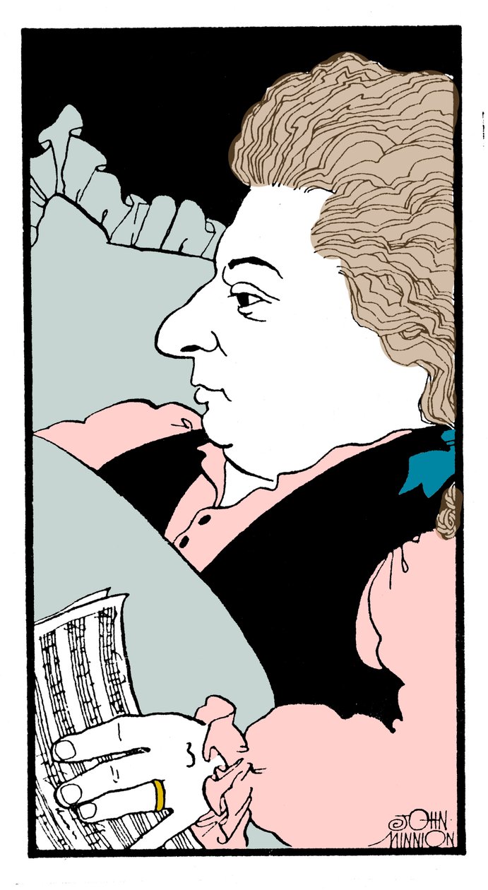 Wolfgang Amadeus Mozart - caricatura del compositor austriaco en su lecho de muerte de John Minnion