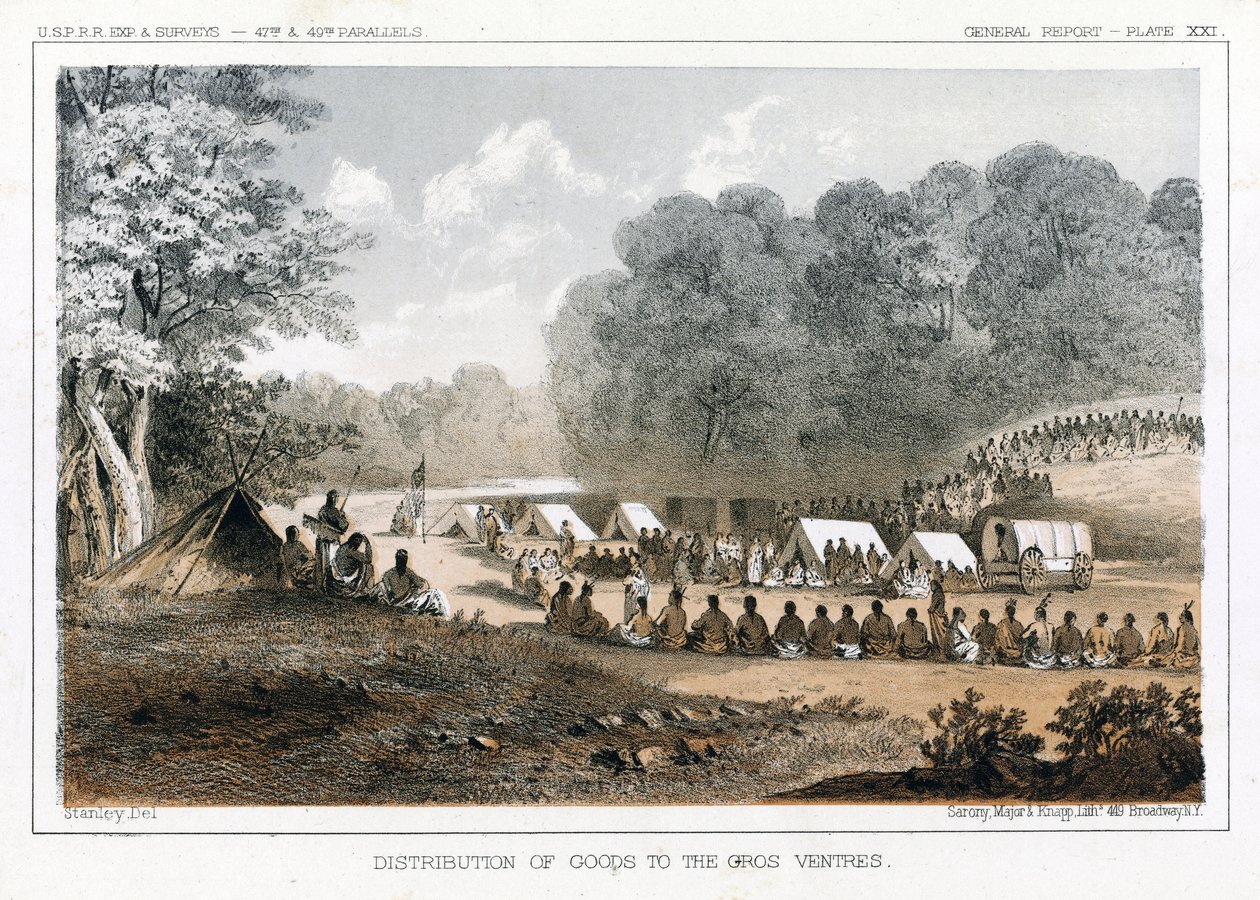 Distribución de bienes a los Gros Ventres, pub. 1860 de John Mix Stanley