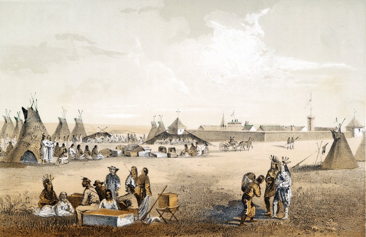 Fuerte Unión y distribución de bienes a los Assiniboins, pub. 1860 de John Mix Stanley