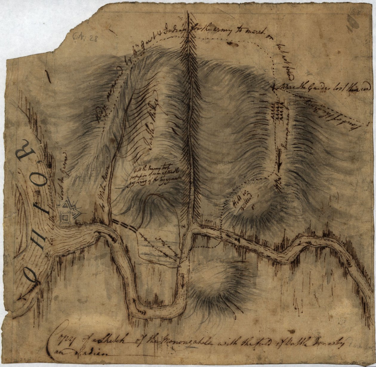 Copia de un croquis del Monongahela, con el campo de batalla, LOC gm71002314 de John Montresor