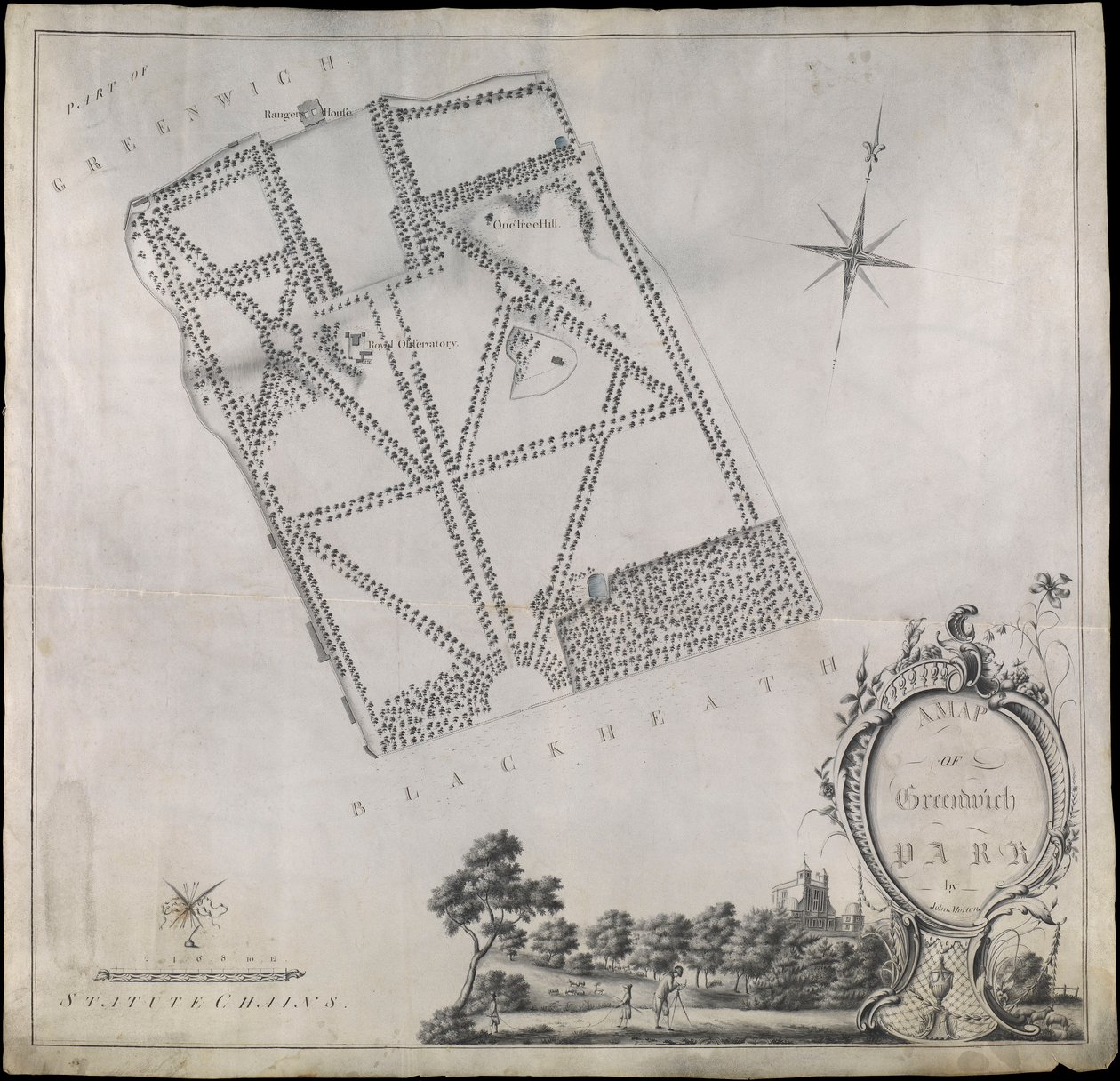 Plano de Greenwich Park, mostrando el Observatorio Real, One Tree Hill y la Casa del Guardabosques. de John Morton
