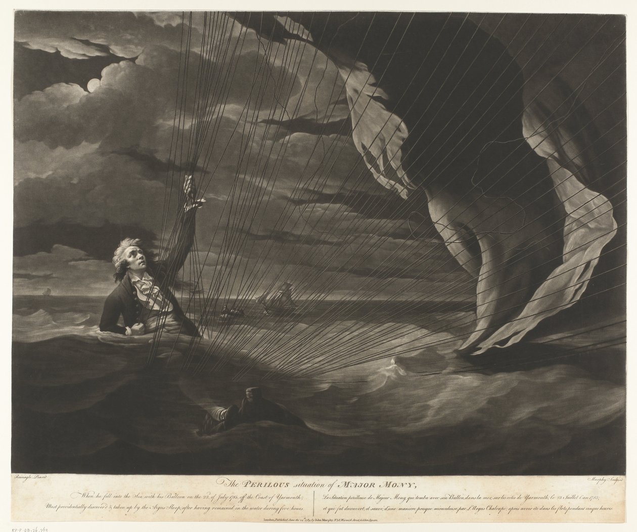 John Money con su globo se estrelló en el mar La situación peligrosa del mayor Mony, 23 de julio de 1785 (título sobre el objeto) de John Murphy