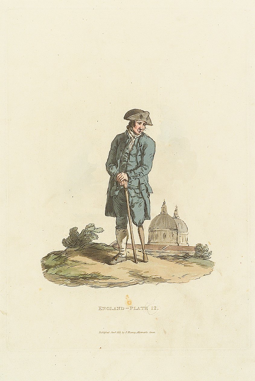 Inglaterra - Lámina 12. Un pensionista de Greenwich con una pata de palo apoyada en un bastón (aguatinta) de John Murray