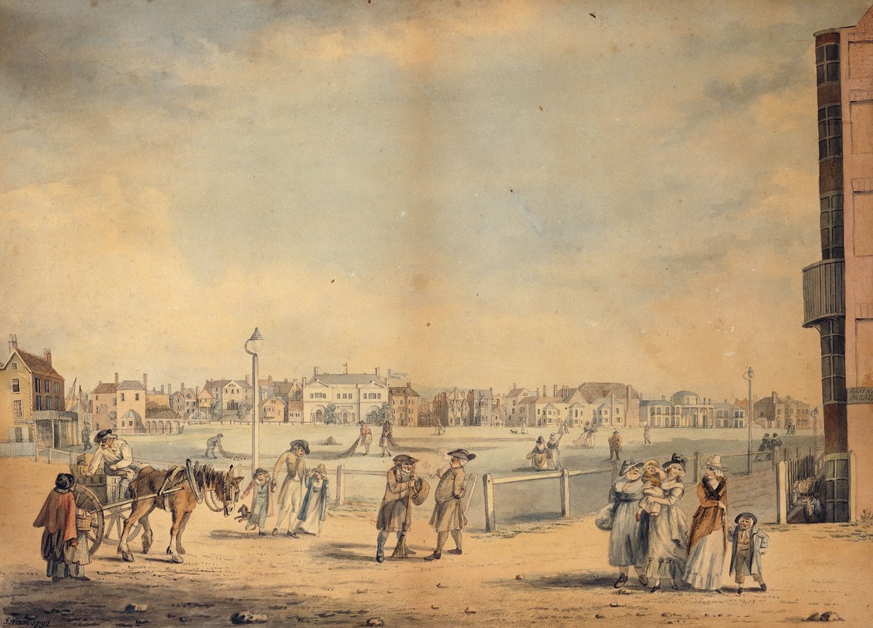 Brighton, mostrando la Biblioteca Circulante de la Srta. Widgett, Marlborough House, el Castle Inn y Assembly Rooms y el Marine Pavilion, 1792 de John Nixon