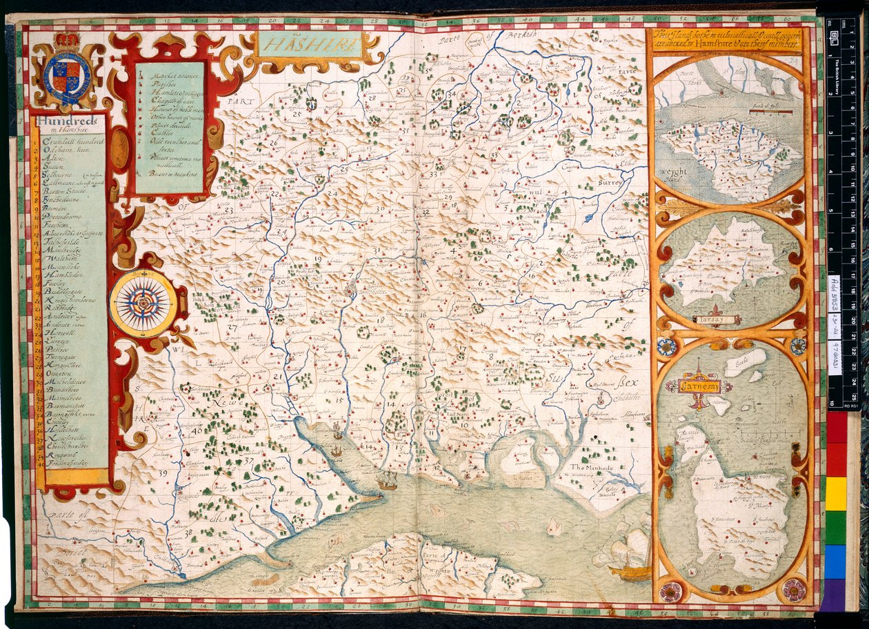 Agregar. 31853, ff.23-24, Southampton, Hampshire: Descripción de, por J. Norden, con mapa: 1595 (grabado en color) de John Norden
