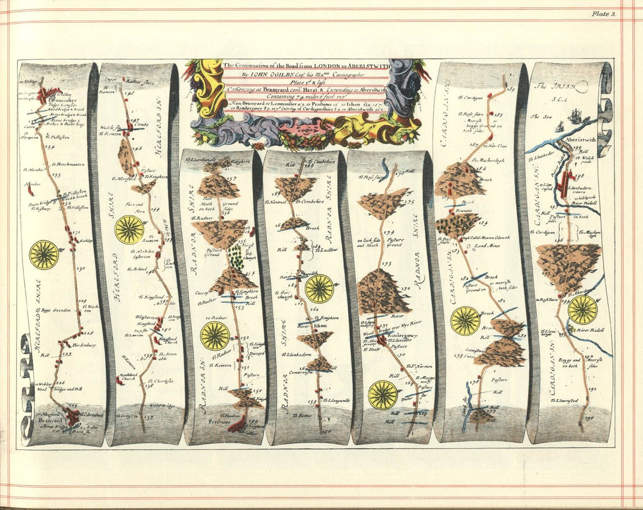 Atlas de Britannia: La continuación del camino de Londres a Aberystwyth, 1675 de John Ogilby