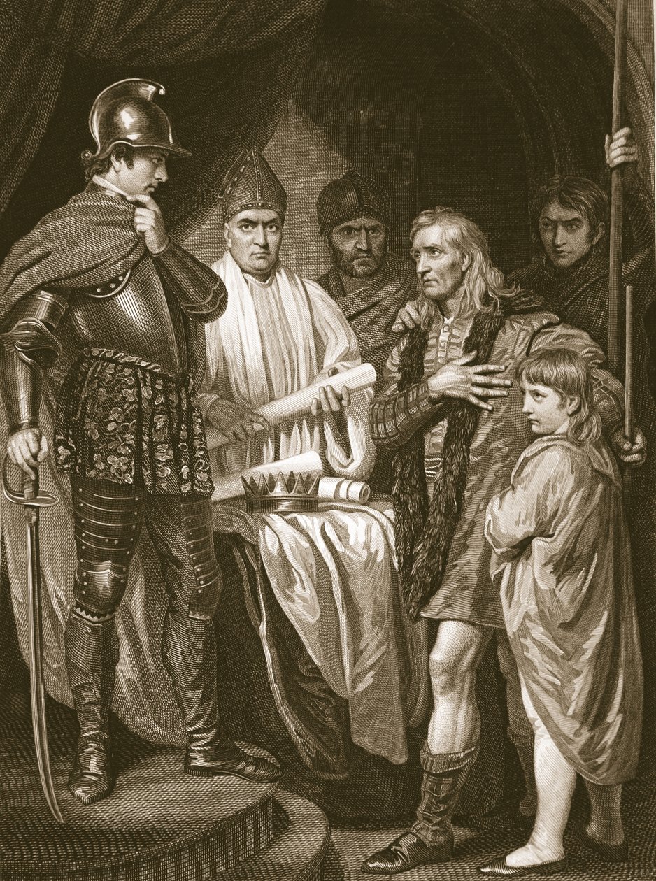 Baliol entregando su corona a Eduardo I, grabado por J. Parker, ilustración de 