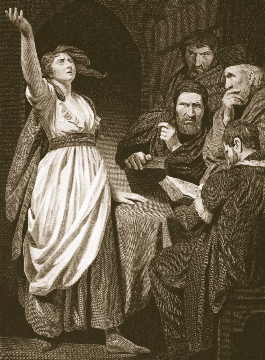 Juana de Arco declarando su misión, grabado por T. Holloway, ilustración de 