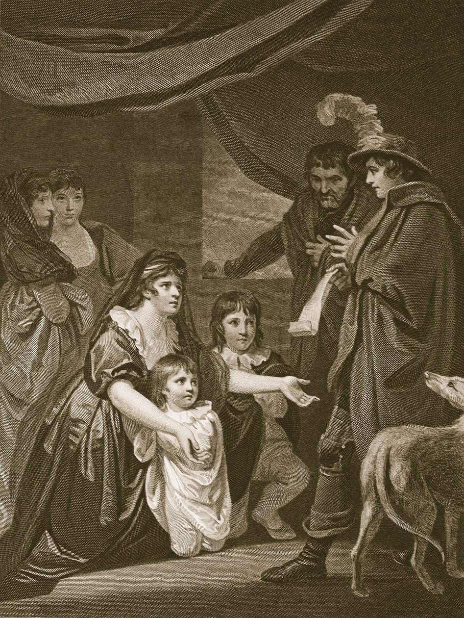 Lady Elizabeth Grey suplicando a Eduardo IV que proteja a sus hijos, grabado por W. Bromley, ilustración de 