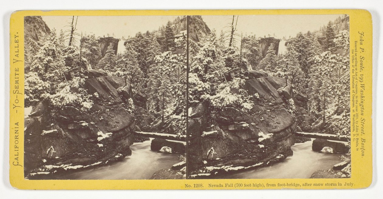 Cascada de Nevada (700 pies de altura), vista desde la pasarela, tras una tormenta de nieve en julio, n.º 1208 de la serie «California — Valle de Yosemite» de John P. Soule