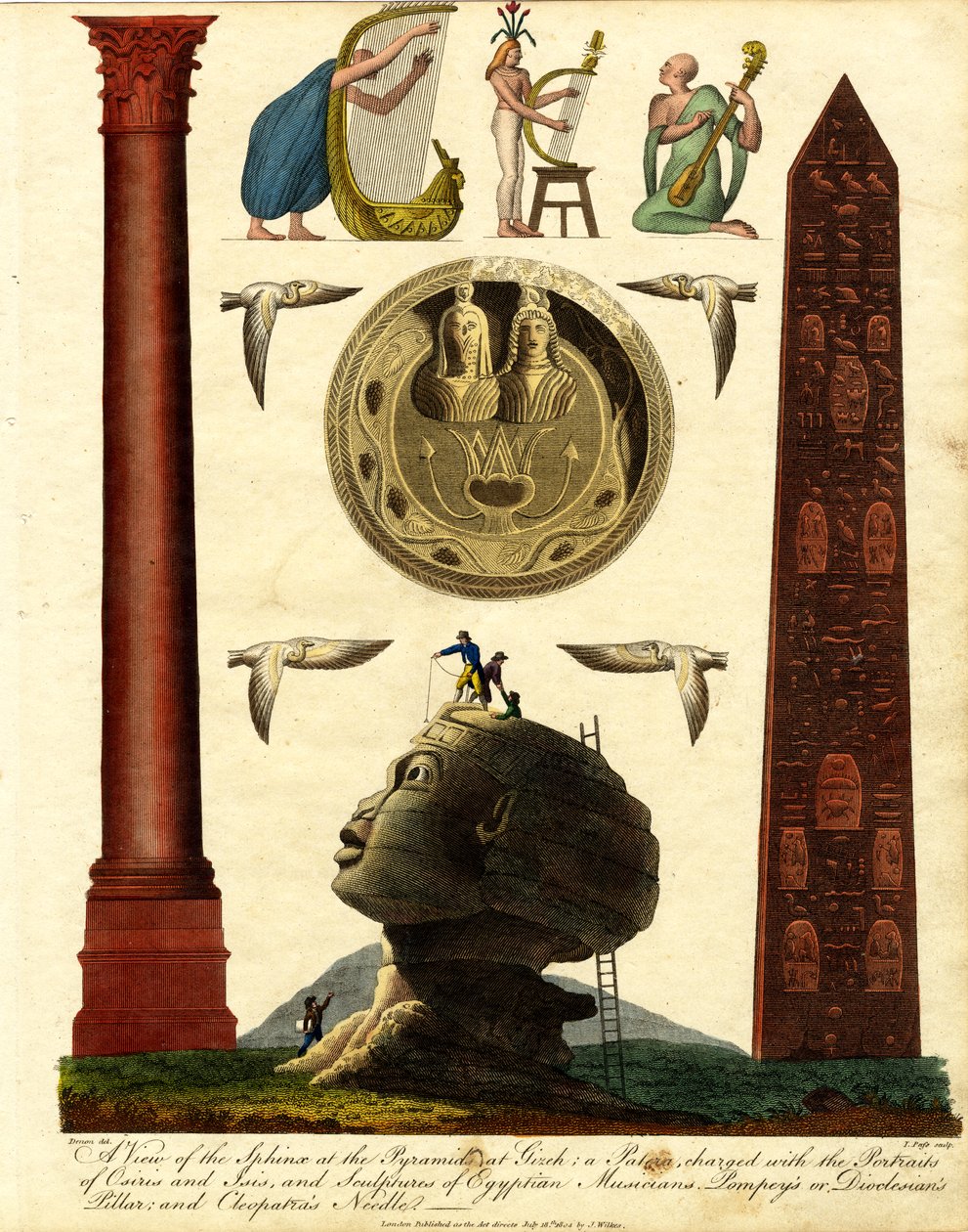 Vista de la Esfinge de las Pirámides de Gizeh: una patera con los retratos de Osiris e Isis y esculturas de músicos egipcios, la columna de Pompeyo o Dioclesiano y la aguja de Cleopatra. de John Pass