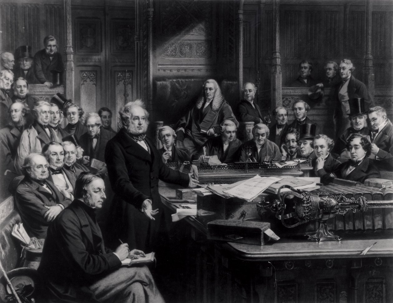 La Cámara de los Comunes en 1860: Lord Palmerston dirigiéndose a la Cámara durante el debate sobre el tratado con Francia, grabado por Falkner, 1863 de John Phillip