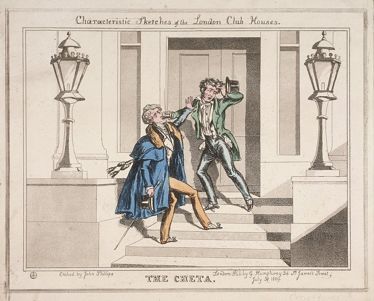 Vista de dos juerguistas ebrios en los escalones del Club Crockford, Londres, 1829 de John Phillips