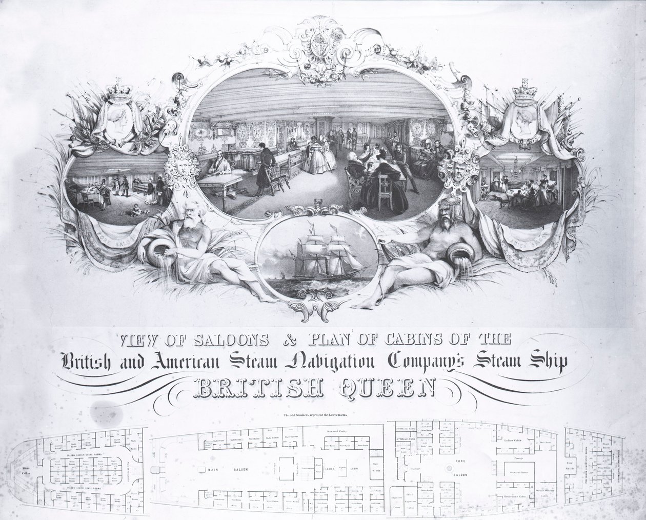 Vista de salones y plano de cabinas del barco de vapor la Reina Británica, c.1839 (litografía) de John R. Isaac