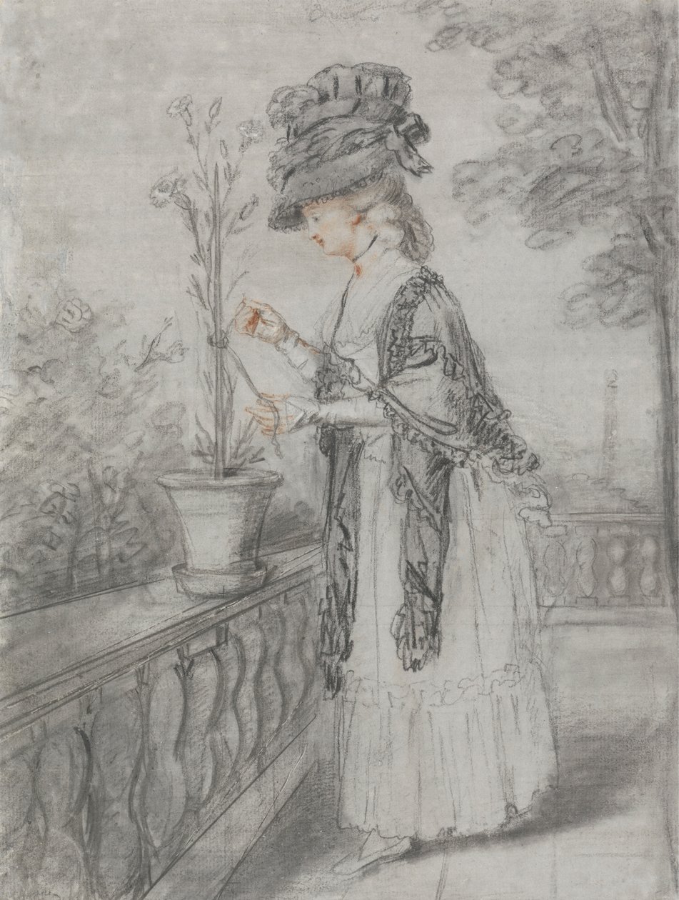 Dama en una terraza cuidando un clavel de John Raphael Smith