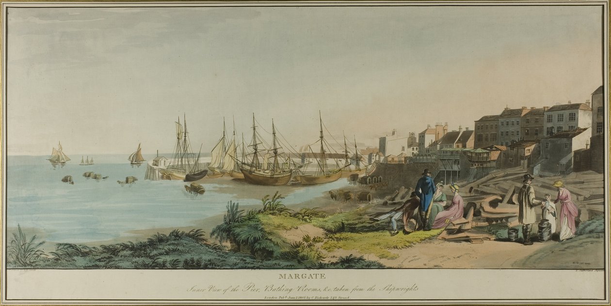 Margate, vista interior del muelle, salas de baño, y tomada desde los carpinteros de barcos de John Raphael Smith
