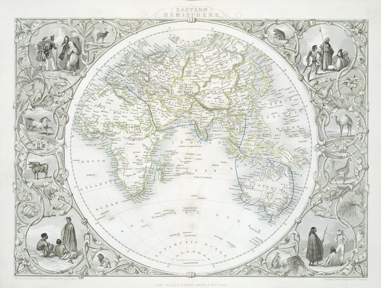 Hemisferio Oriental, de una Serie de Mapas del Mundo publicados por John Tallis und Co., Nueva York y Londres, 1850s de John Rapkin