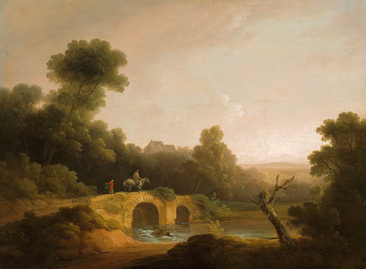 Paisaje con figuras cruzando un puente de John Rathbone
