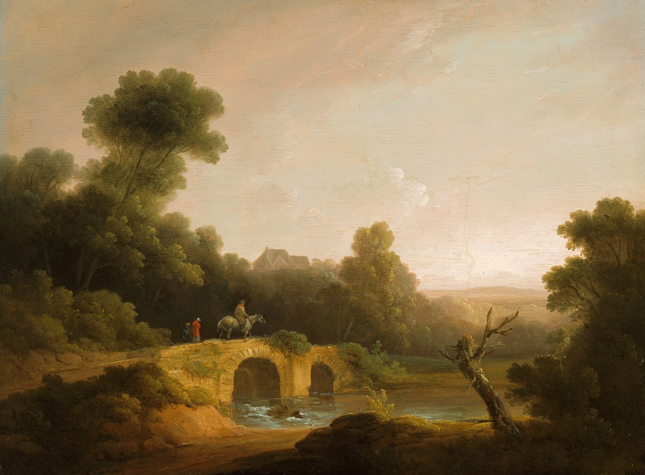 Paisaje con figuras cruzando un puente de John Rathbone