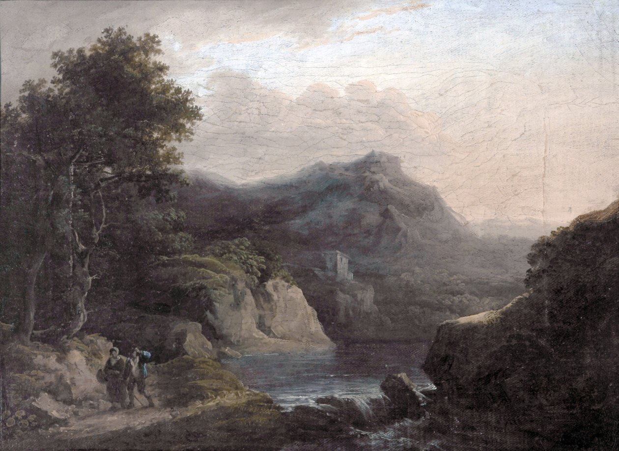Escena de montaña con un lago de John Rathbone