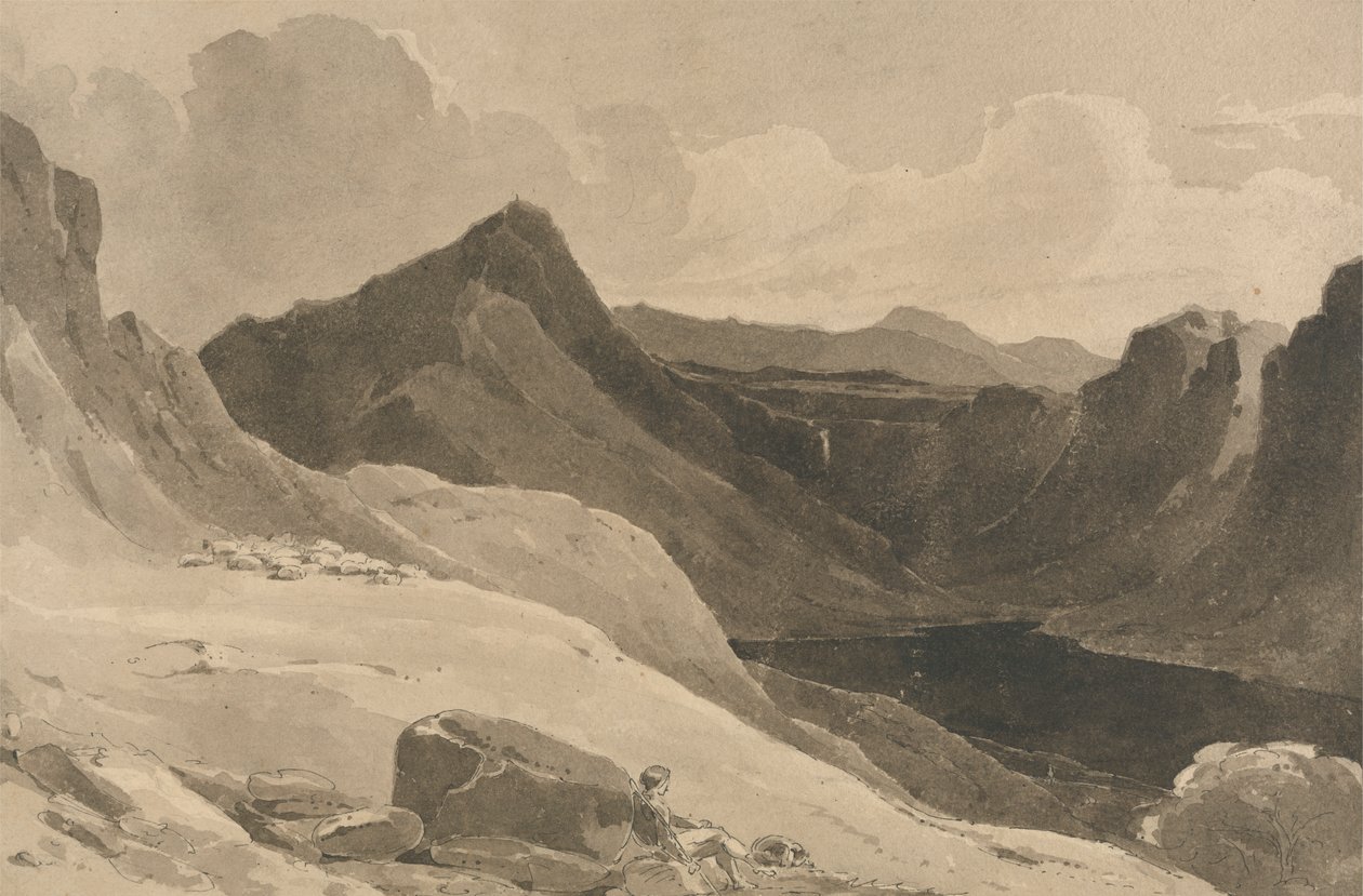 Un paisaje de montaña con un pastor de John Renton
