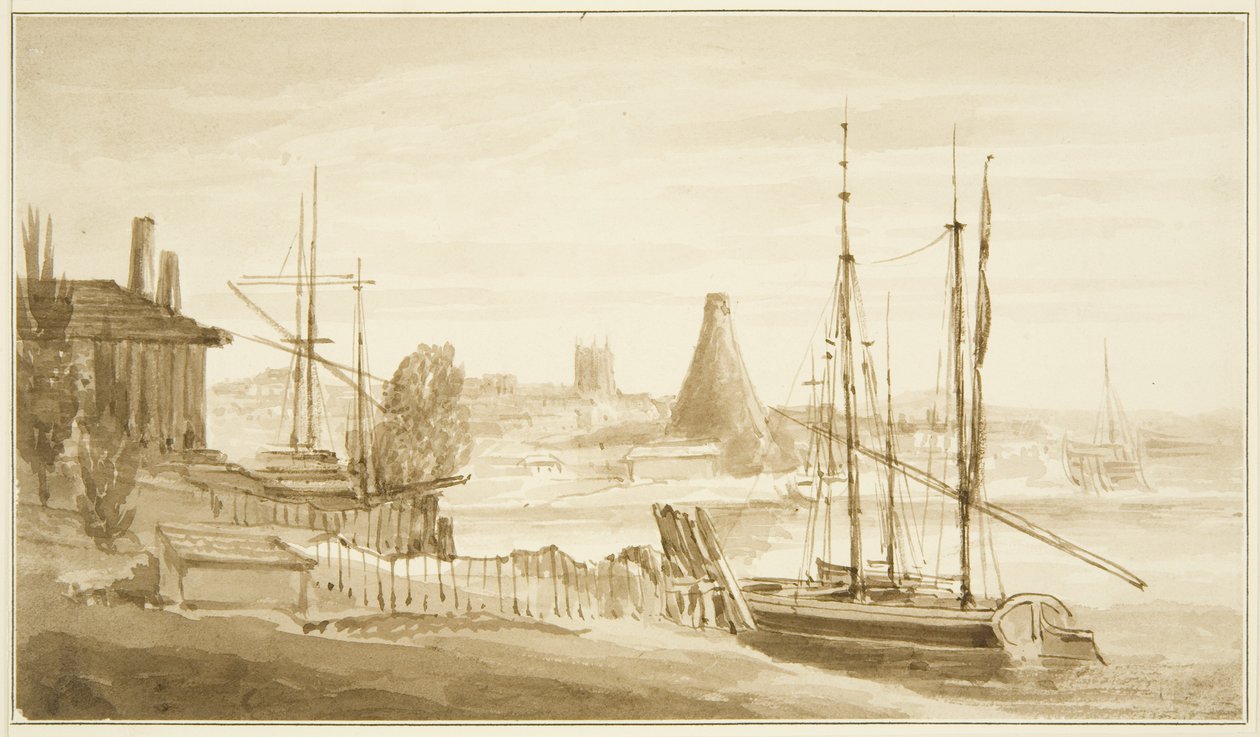 Vista desde el extremo este de Mardyke hacia la fábrica de vidrio de Limekiln de John Reverend Eden