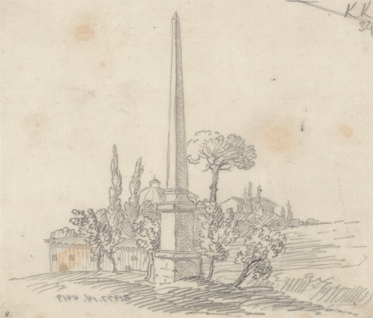 Un obelisco con tejados y árboles a lo lejos de John Robert Cozens