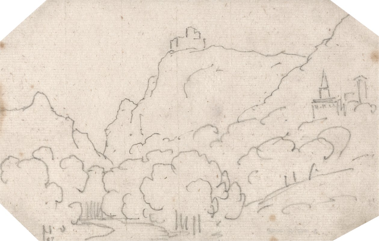 Vista a la montaña con edificios de John Robert Cozens