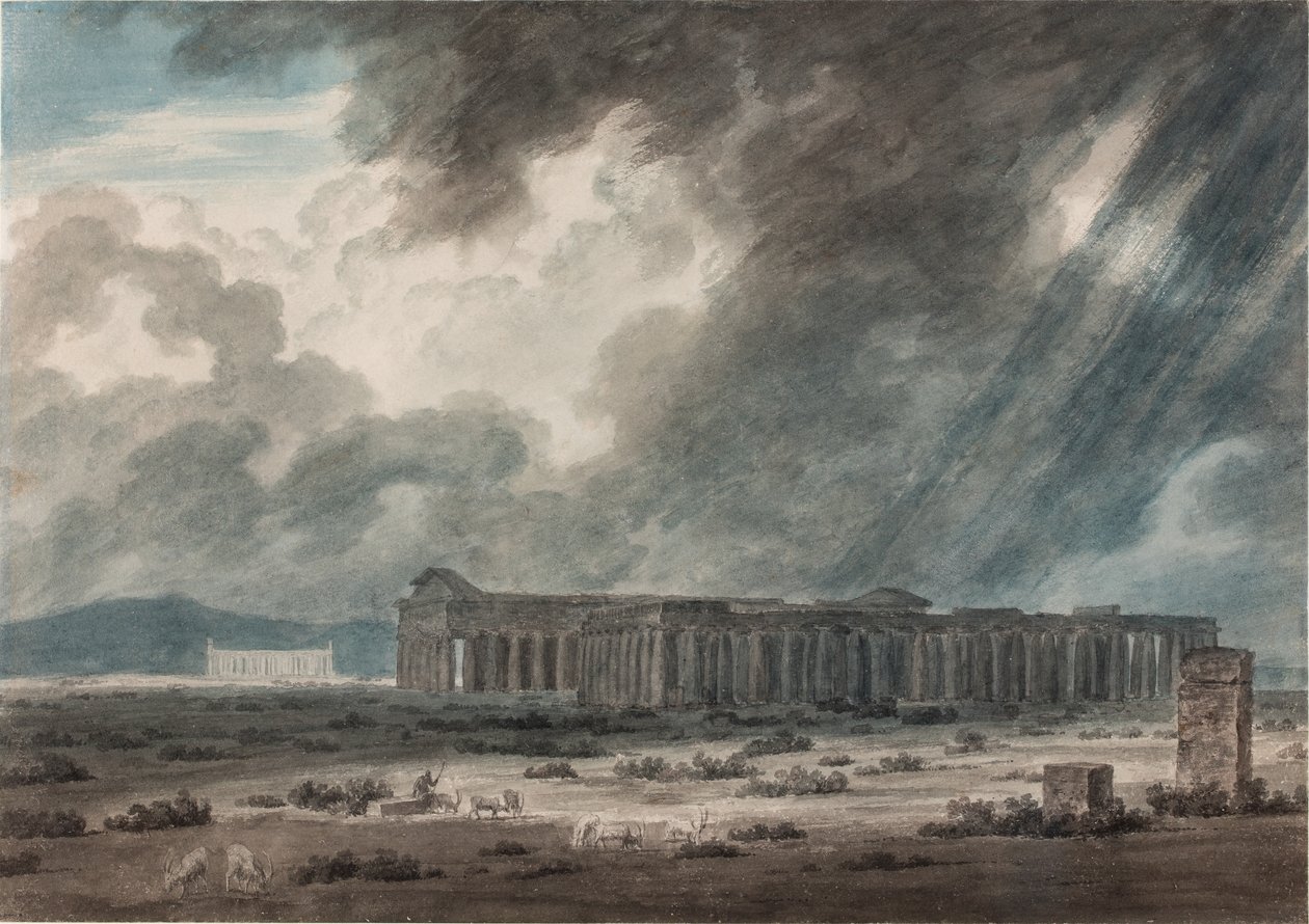Ruinas de Paestum, cerca de Salerno: Los tres templos, c.1792 (acuarela, tinta y lápiz sobre papel) de John Robert Cozens