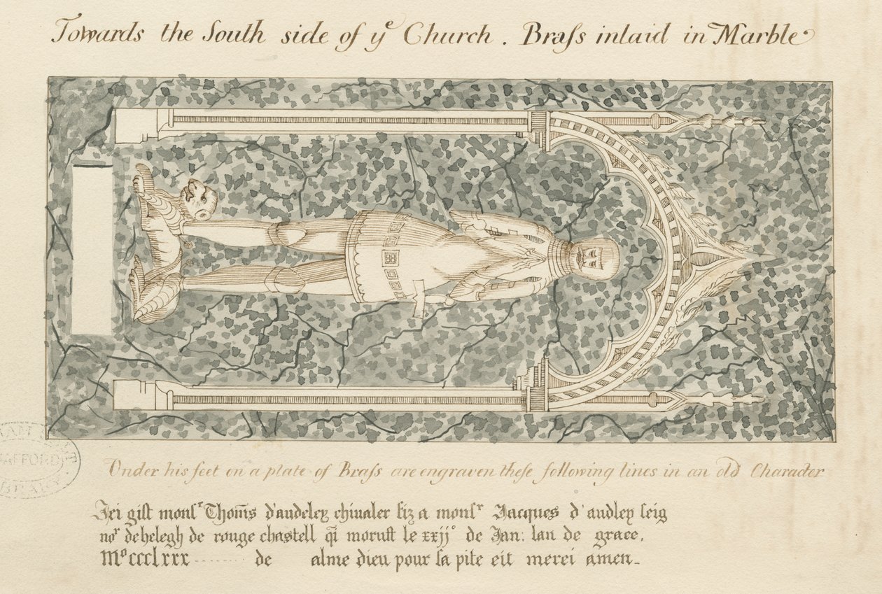 Monumentos de Audley - "Thomas de Audley": dibujo a pluma y lavado, nd [?siglo XIX] de John Robert Fernyhough