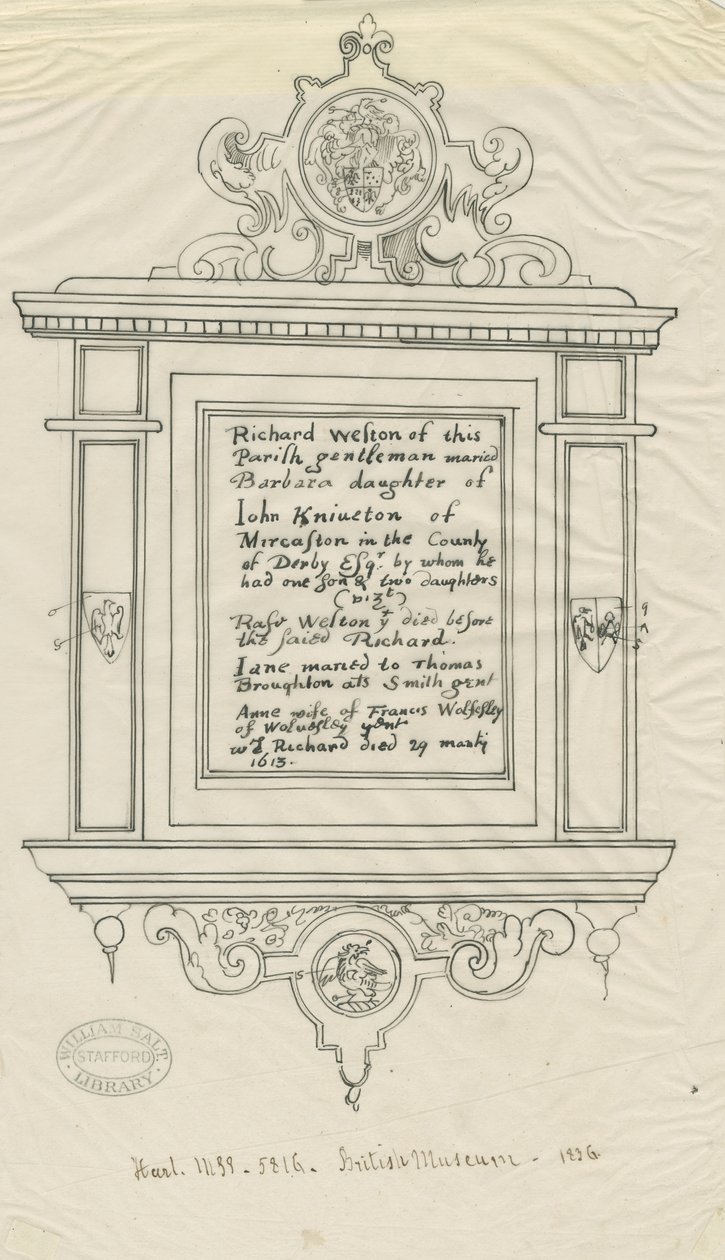 Iglesia de Rugeley (Antigua) - Monumento a Richard Weston: trazo en tinta y pluma de John Robert Fernyhough