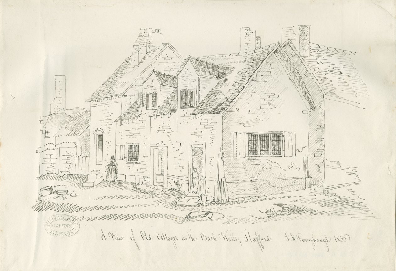 Stafford - Vieja cabaña en Back Walls: dibujo a pluma y tinta, 1836 de John Robert Fernyhough