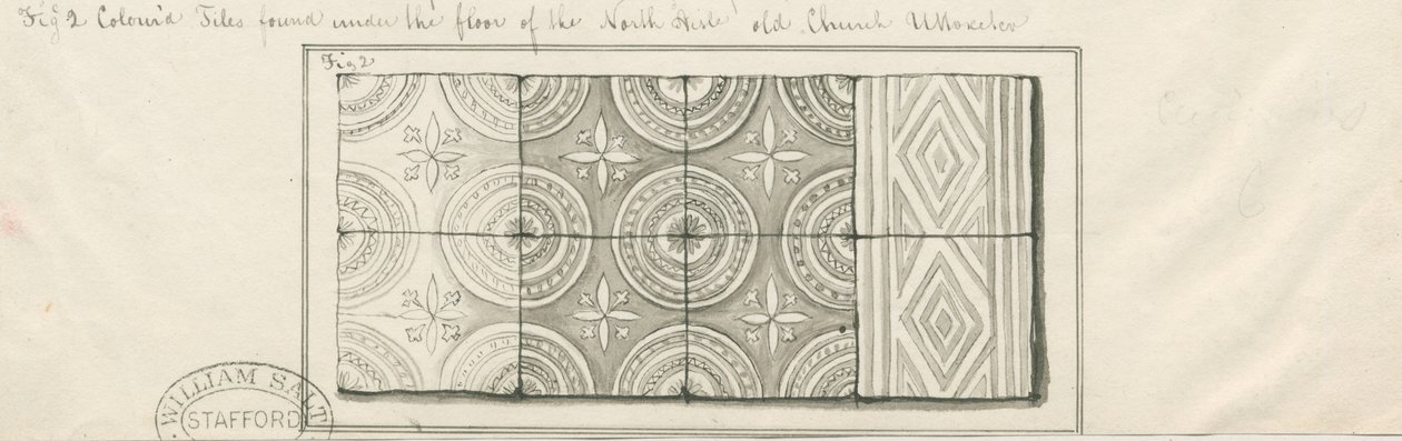 Iglesia de Uttoxeter - Azulejos coloreados encontrados bajo el suelo del pasillo norte: dibujo a pluma y lavado, nd [?mediados del siglo XIX] de John Robert Fernyhough