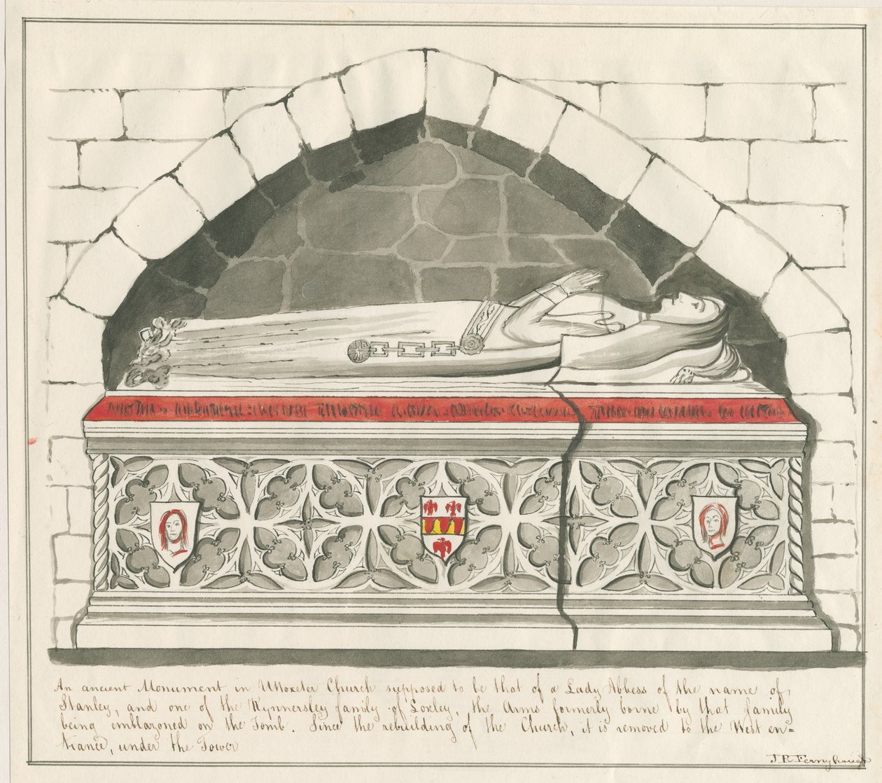 Iglesia de Uttoxeter - Tumba de la Dama Abadesa de la Familia Kynnersley: dibujo a pluma y lavado, nd [mediados del siglo XIX] de John Robert Fernyhough