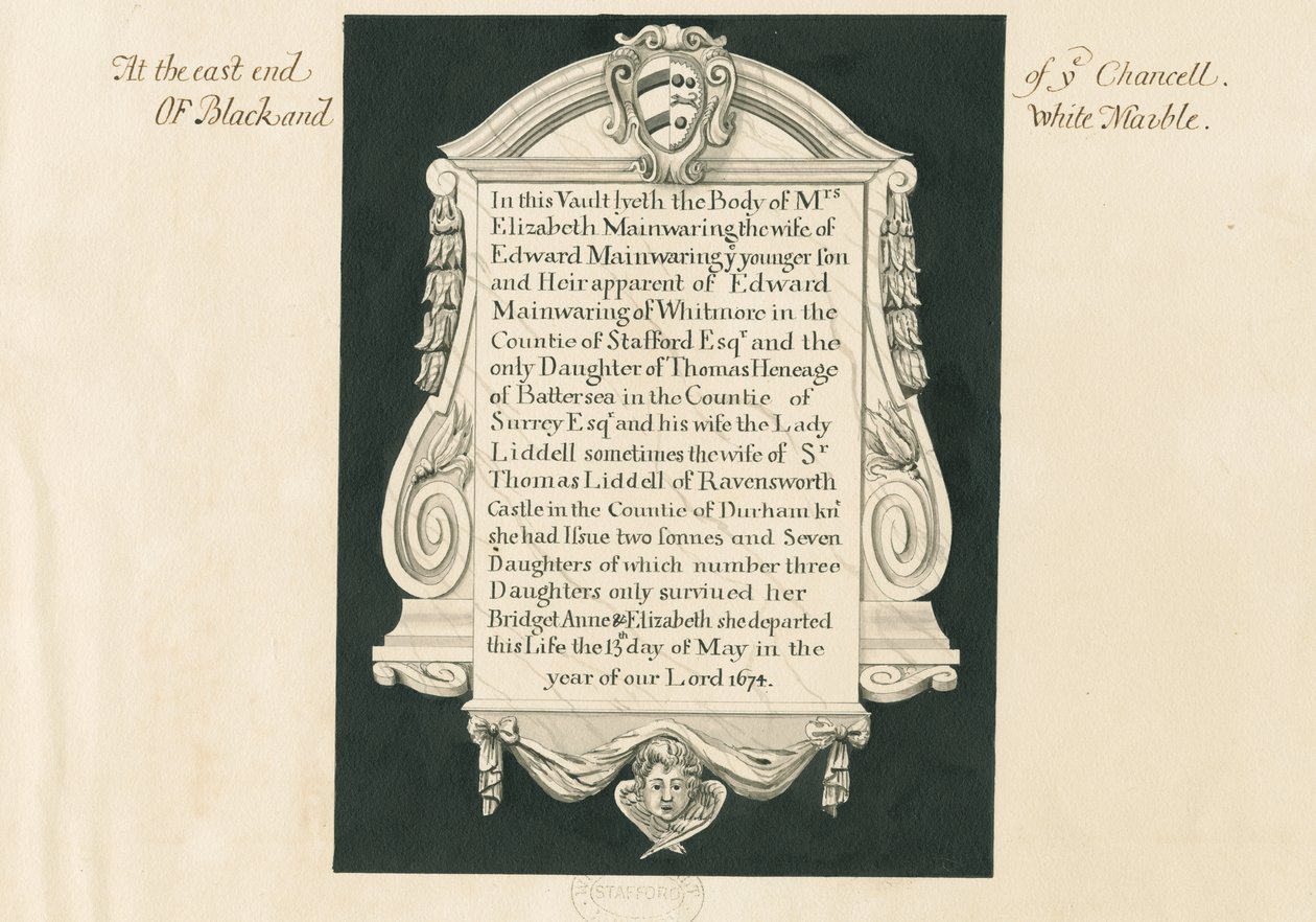 Iglesia de Whitmore - Lápida a la Sra. Elizabeth Mainwaring de John Robert Fernyhough