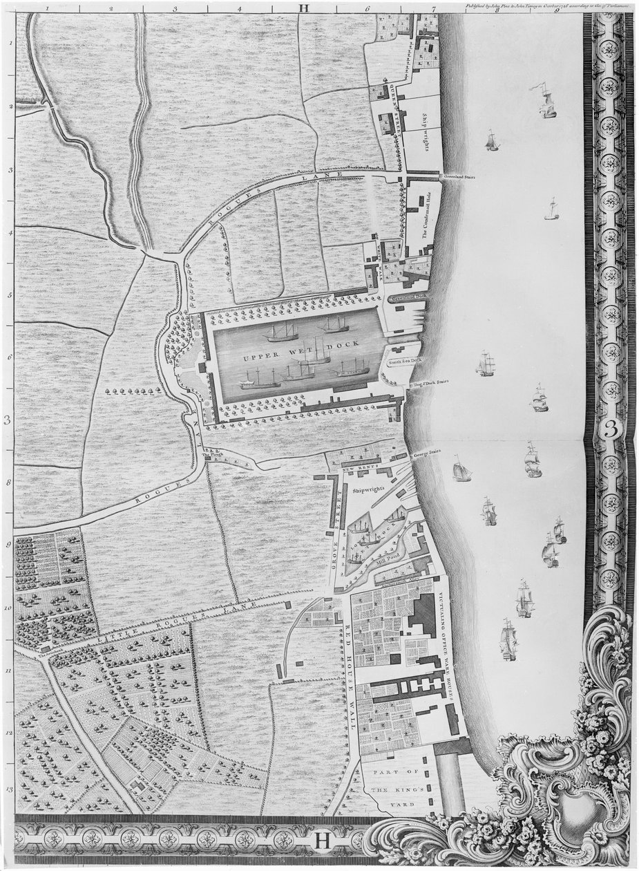 Un mapa de los muelles de Lower Rotherhithe, Londres, 1746 de John Rocque