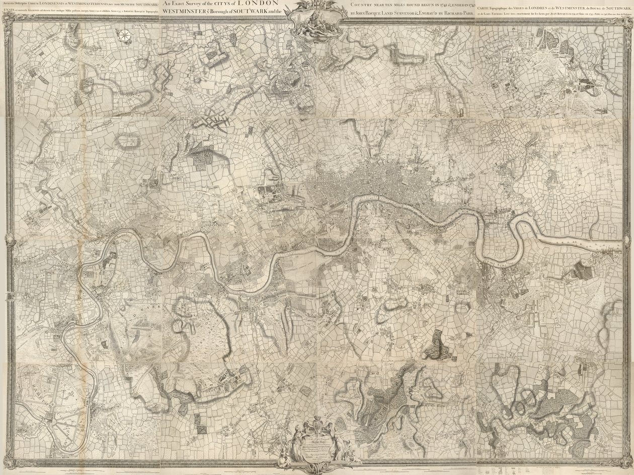 Un mapa de Londres del siglo XVIII. Una encuesta exacta de la ciudad de Londres, Westminster ye Borough of Southwark y el país cerca de diez millas a la redonda comenzó en 1741 y finalizó en 1745 / por el agrimensor John Rocque y (grabado) por Richard Parr de John Rocque