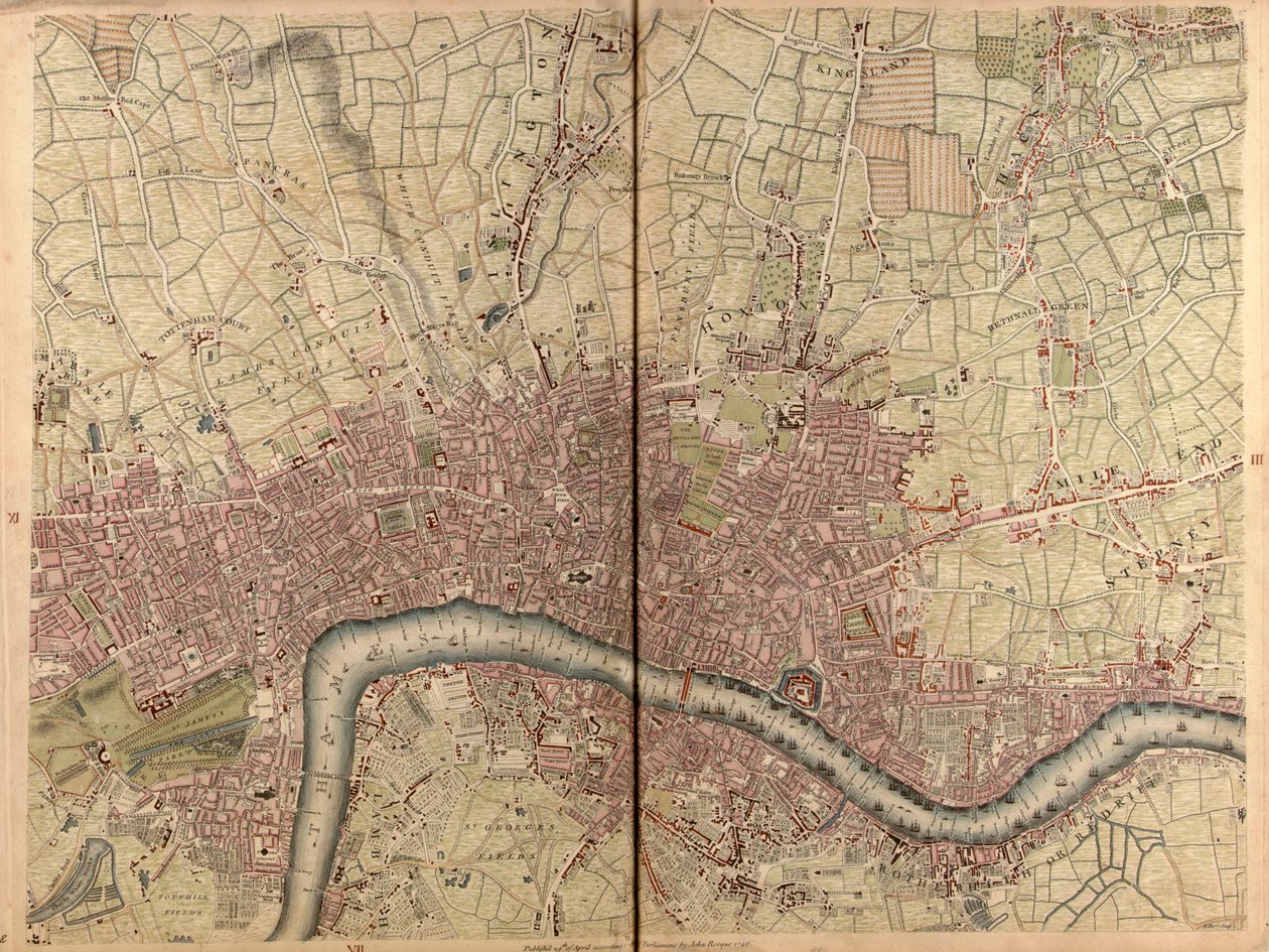 Levantamiento topográfico exacto de las ciudades de Londres y Westminster, el distrito de Southwark y los alrededores de diez millas", hacia 1746 (grabado). de John Rocque