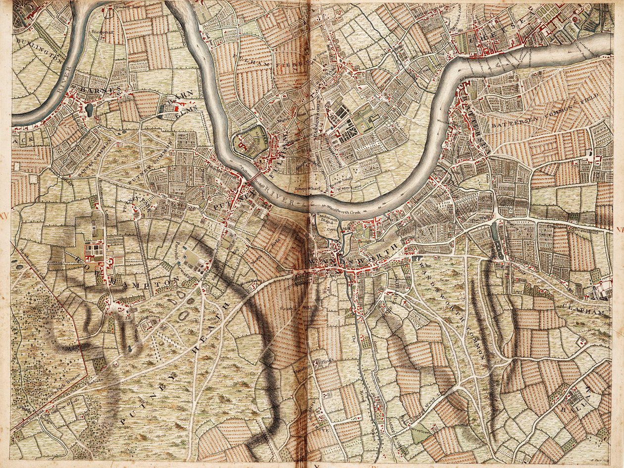 Mapa de Barnes, Battersea, Putney y Wandsworth de John Rocque
