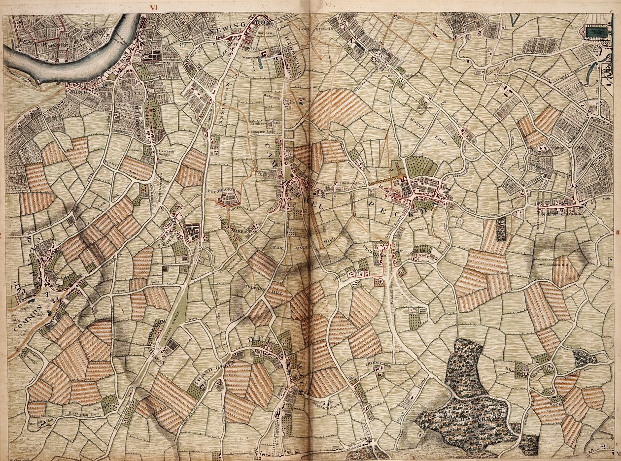 Mapa de Vauxhall, Clapham, Peckham y Dulwich de John Rocque