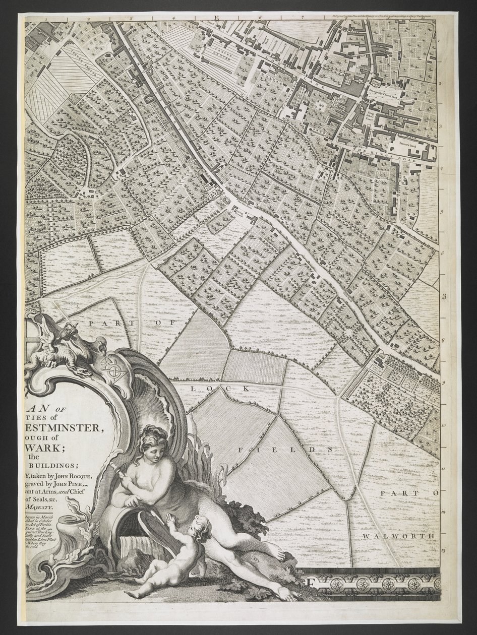 Plan de Londres, parte de los campos de bloqueo,  Un plan de las ciudades de Londres y Westminster, y el distrito de Southwark; : con los edificios contiguos; De una encuesta real, / tomada por JOHN ROCQUE, Land-Surveyor, y grabada por John Pine,  juan roc de John Rocque