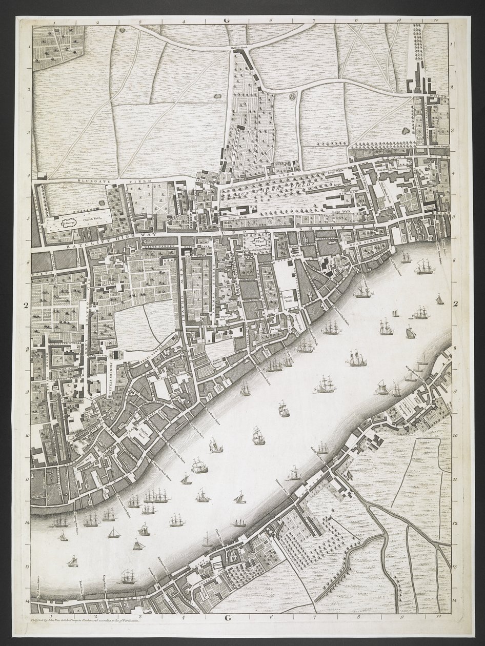 Plano de Londres, Ratcliff Highway, Upper Shadwell Road,  Un plan de las ciudades de Londres y Westminster, y el distrito de Southwark; : con los edificios contiguos; De una encuesta real, / tomada por JOHN ROCQUE, Land-Surveyor, y grabada por John Pine,   de John Rocque