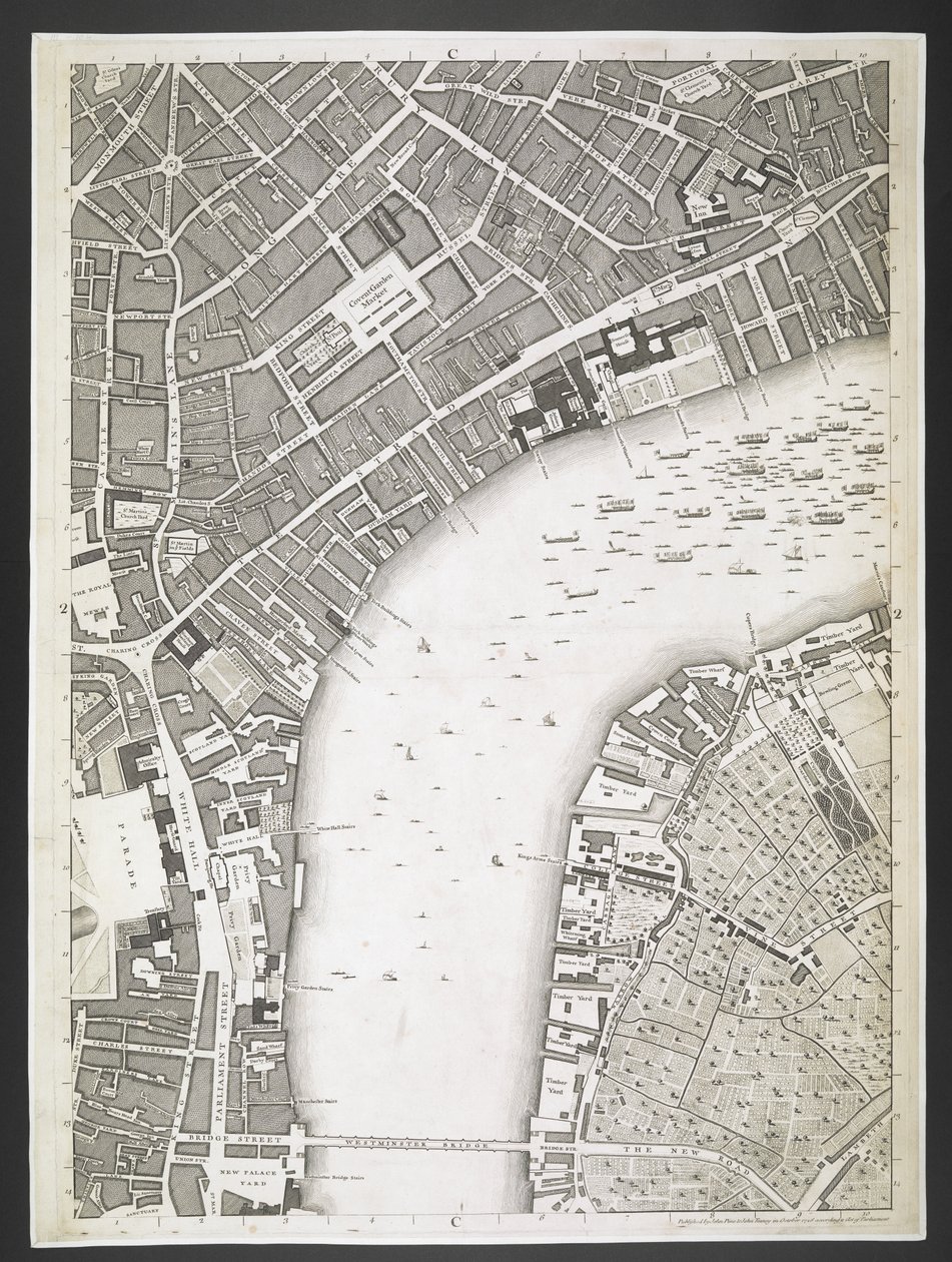 Plano de Londres, The Strand, puente de Westminster,  Un plan de las ciudades de Londres y Westminster, y el distrito de Southwark; : con los edificios contiguos; De una encuesta real, / tomada por JOHN ROCQUE, Land-Surveyor, y grabada por John Pine,  Juan de John Rocque
