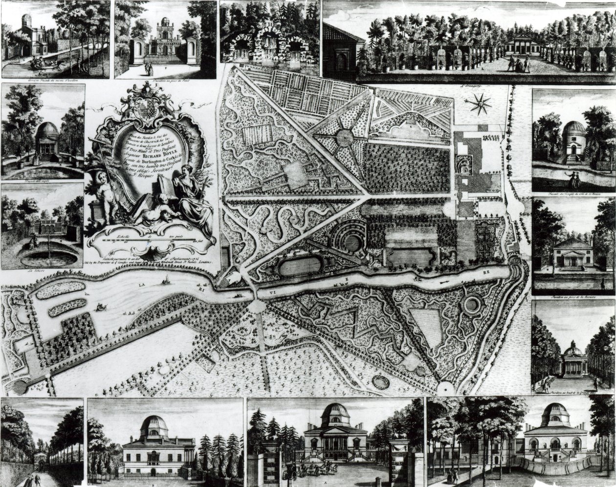 Plano del jardín y vista de las casas en Chiswick en el Támesis de John Rocque