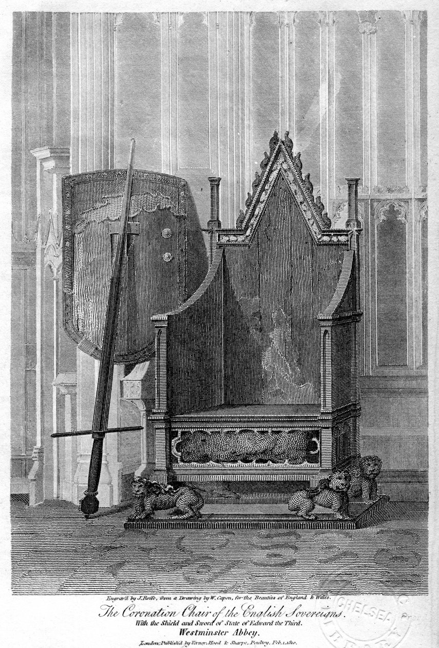 La silla de coronación de los soberanos ingleses, Abadía de Westminster, Londres, 1810 de John Roffe