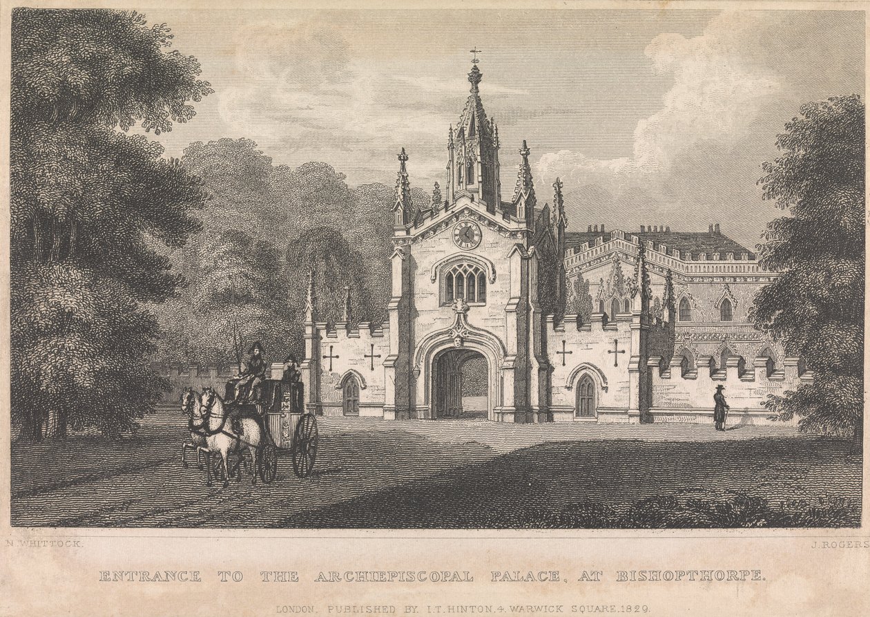 Entrada al Palacio Arzobispal, en Bishopthorpe (publicado por I. T. Hinton); página 34 (Volumen Uno) de John Rogers