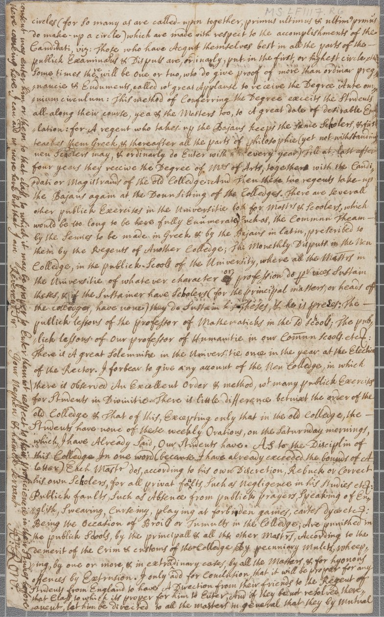 Carta de John Row, un estudiante en St Andrews, a su tío, 1691 de John Row