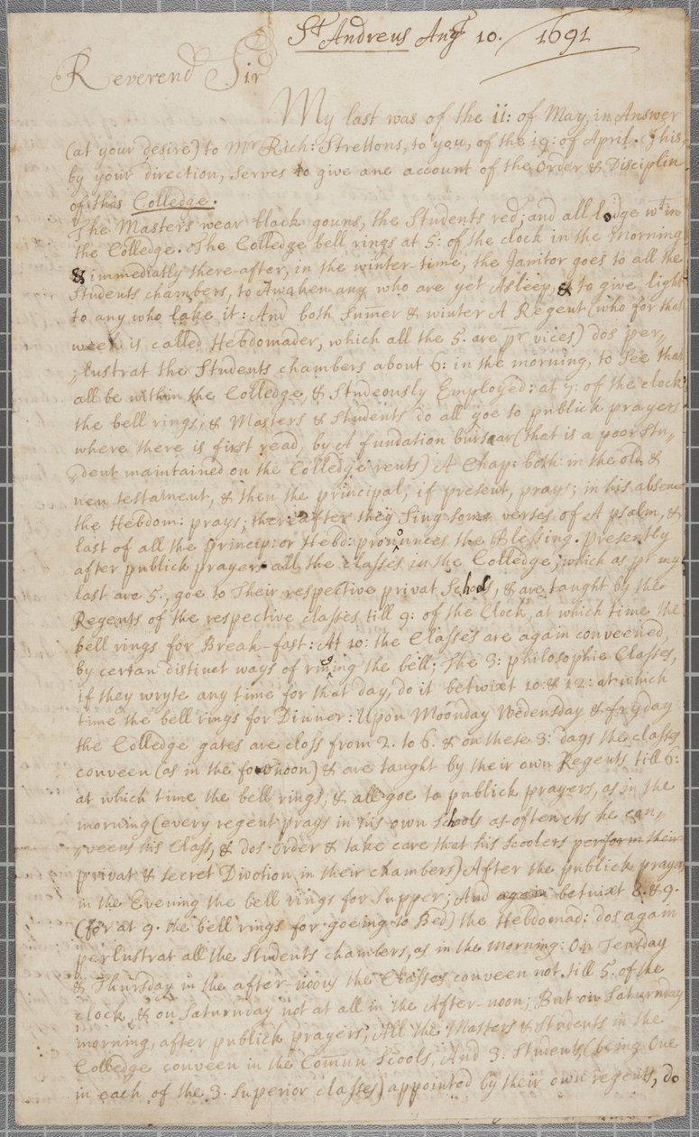 Carta de John Row, un estudiante en St Andrews, a su tío, 1691 de John Row